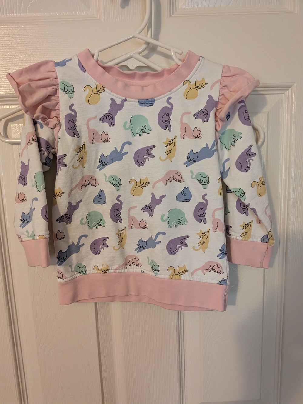 Monica + Andy Pastel Cat Print Ruffle Shoulder Top, Sz. 2t